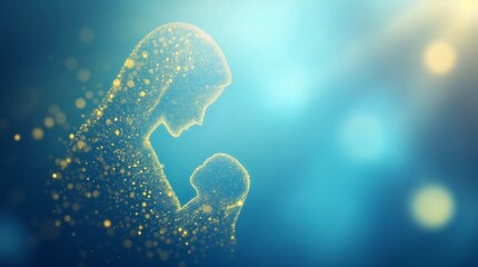 Religious native scene of the Virgin Mary and baby Jesus. Spiritual Christmas illustration of a mother and child silhouette formed by golden particles