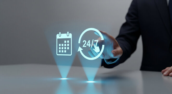 Business professional interacting with holographic icons representing scheduling and 24/7 availability. - Powered by Adobe