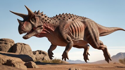 Einiosaurus Dinosaur Roaming in Prehistoric Landscape, Digital Art.