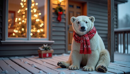 Polar bear wearing a red scarf sitting on snowy porch during winter  