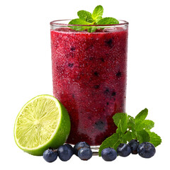 Delicious Refreshing Berry Smoothie with Lime and Mint Isolated on White Background