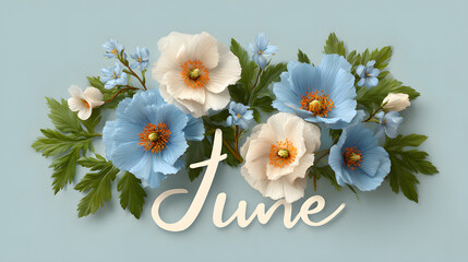 June month illustration background with pastel colors drawing with written Hello June to celebrate start of the month