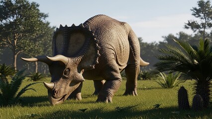 Fototapeta premium Eotriceratops Grazing in a Prehistoric Landscape, Digital Art.