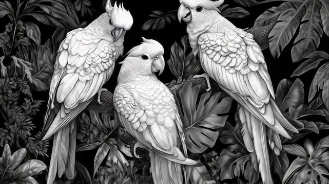 Video Three white parrots sit on a tree branch, looking out at the viewer