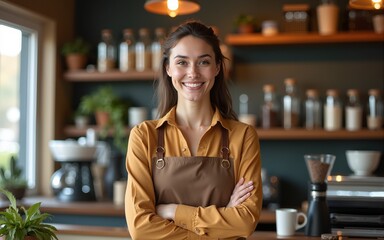 Young woman owner of a cafe stand in front of coffee counter, young entrepreneur conceptual, dimension image for banner. High quality
