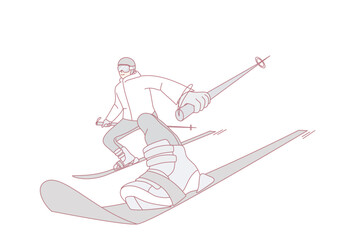 Fototapeta premium Man in outerwear skiing on snow hill on vacation. Excited person do active extreme winter sports on holidays. Flat vector illustration.