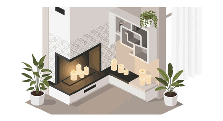 Obraz premium Isometric view showcasing a cozy modern living room interior with a fireplace and candlelight