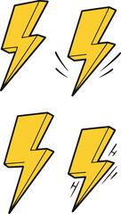 A set of flat vector cartoon illustrations of yellow 3D lightning bolts in various dynamic shapes, representing energy, power, and speed, 