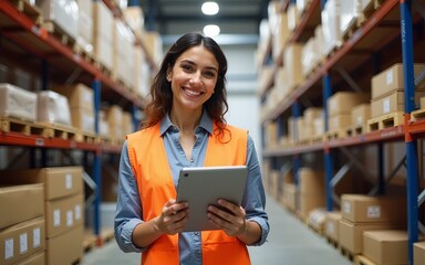 Fototapeta premium Happy, online shop and woman in logistics with tablet for package tracking, dropshipping or courier service. Ecommerce, small business owner or digital checklist for inventory management and shipping