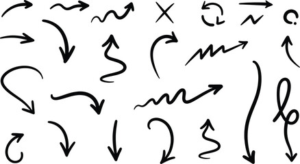 Dynamic collection of hand-drawn black arrow vectors, providing versatile directional indicators and artistic graphic elements for modern design projects