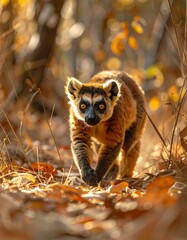 Fototapeta premium Wild brown lemur walking on a sunlit forest floor covered in leaves
