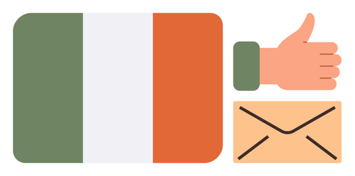 Irish tricolor flag, thumbs-up symbol of approval, and envelope signifying correspondence. Ideal for patriotism, communication, positivity, email, approval messaging community. Simple flat metaphor