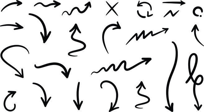 Dynamic collection of hand-drawn black arrow vectors, providing versatile directional indicators and artistic graphic elements for modern design projects