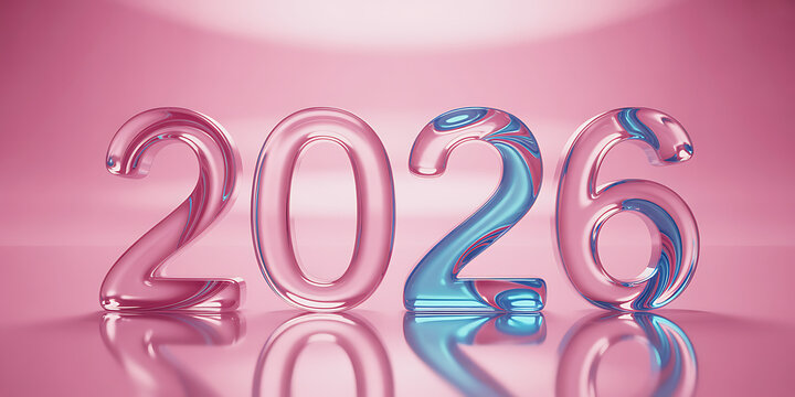 Shiny 2026 numbers with a pink and blue gradient on a reflective surface