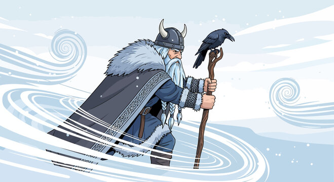 Mythological Nordic wizard with a raven conjuring a winter vortex amidst swirling winds