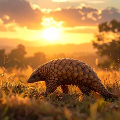 Obraz premium Pangolin Walking in Golden Light at Sunset