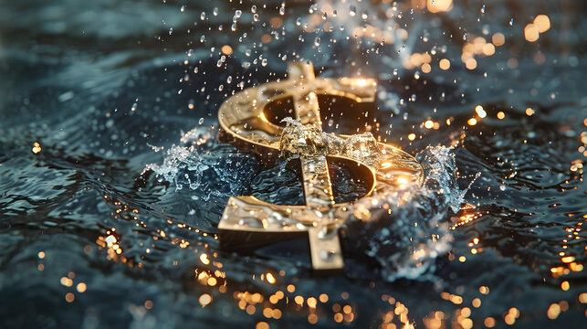 Metallic dollar sign submerged in rushing water symbolizing economic challenges and financial fluidity