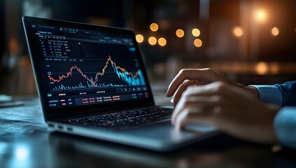Person typing on laptop displaying stock market graph
