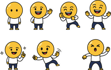 A collection of cartoon character illustrations featuring a round yellow emoji-like head on a simple human body, depicted in various poses and expressions including waving, cheering, having an idea, a