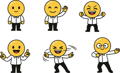 A set of cute flat vector cartoon illustrations featuring a yellow round-headed character with a smiley face body, wearing a white shirt and black pants. The set includes various poses like waving, po