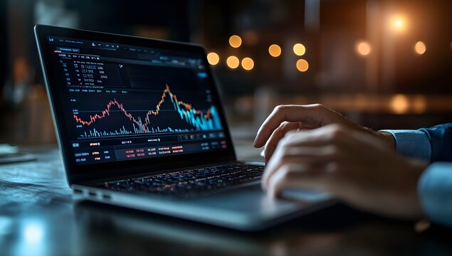 Person typing on laptop displaying stock market graph - Powered by Adobe