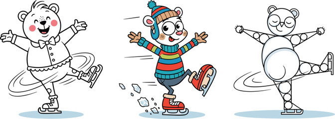 Cute cartoon bear ice skating in colorful winter outfit performing playful skating pose in fun children’s illustration artwork