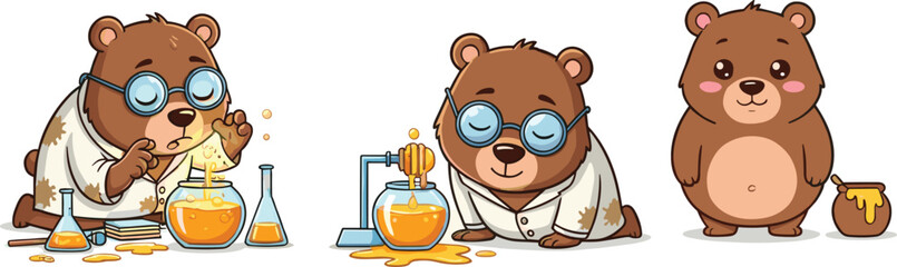 Cute cartoon bear scientist experimenting with honey in lab with flasks plus adorable standing bear with honey pot illustration