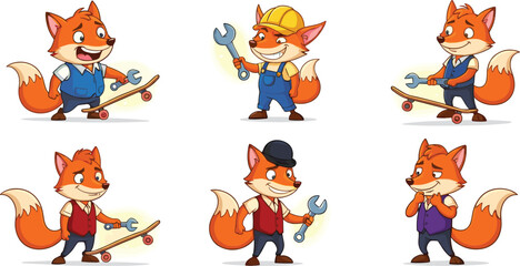 Cute cartoon fox characters with tools and skateboards in various outfits posing as mechanic worker and playful handyman