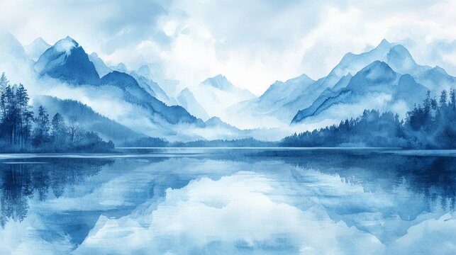 Misty mountains reflected in a calm lake convey peace and harmony, providing a beautiful backdrop for meditative applications.