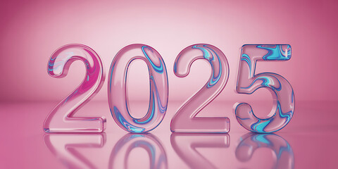 The year 2025 rendered in glossy, transparent numbers with a pink and blue swirl pattern