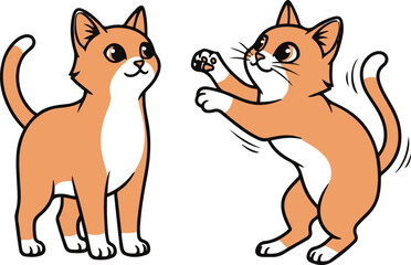 A set of cute flat vector cartoon illustrations of an orange and white tabby cat in two poses: standing calmly and playing on hind legs,