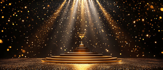 The golden cup on the podium, surrounded by rays of light and glitter, will serve as a festive backdrop for awards ceremonies and event promotions.