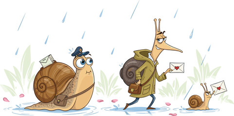 cute snail mail carriers walking in rain, cartoon postal snails delivering letters, funny nature character illustration scene © MdSobhan