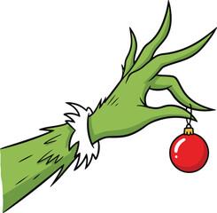 A flat vector cartoon illustration of a green furry monster hand delicately holding a red Christmas bauble ornament, © AI illustration 