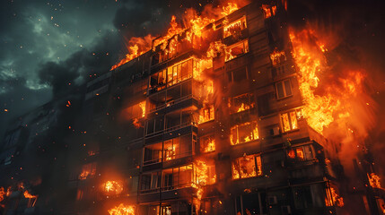 Intense urban fire incident in apartment building for emergency awareness and safety campaigns