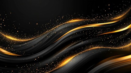 Golden sparks on black waves create a sense of luxury and dynamism, suitable as a background for advertising premium goods.