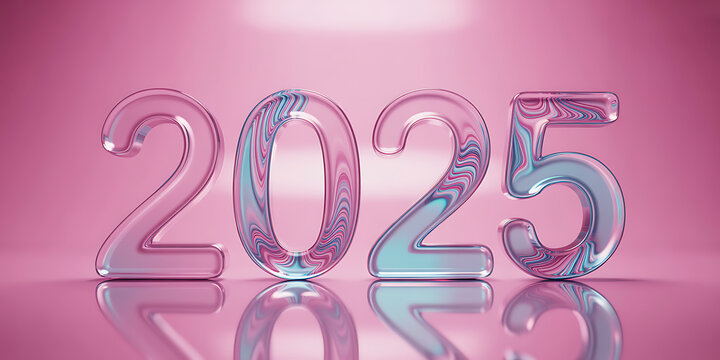 Transparent glass numbers 2025 with pink and blue swirls on a pink background - Powered by Adobe