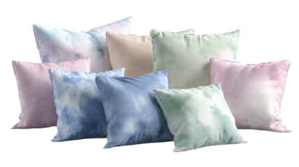 Assorted soft decorative cushions in pastel tones watercolor style on transparent background