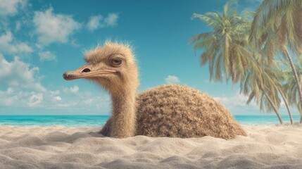 A large bird with soft feathers relaxes on a sandy beach surrounded by palm trees and a clear blue sky. The ocean sparkles in the background creating a serene atmosphere.