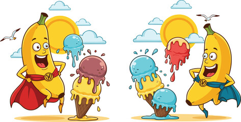 Funny cartoon banana superheroes with melting ice cream cones on sunny beach, playful summer character illustration for kids