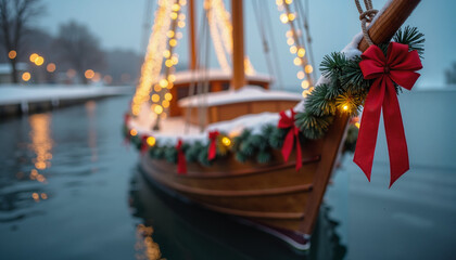 Cozy decorated boat with Christmas lights and ribbons on winter water  