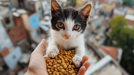 A playful kitten eagerly awaiting food from a human hand, conveying the warmth of the moment, will be a touching backdrop for advertising pet products or social campaigns for animal protection.