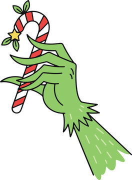 A flat vector cartoon illustration of a green furry monster hand holding a red and white striped Christmas candy cane decorated with a star,