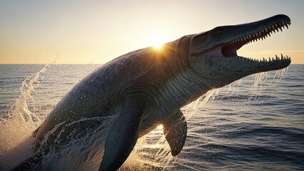 Majestic Mosasaur Leaping from the Ocean at Sunset.