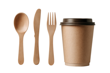 Compostable wooden spoon knife fork and kraft packaging on transparent background isolated