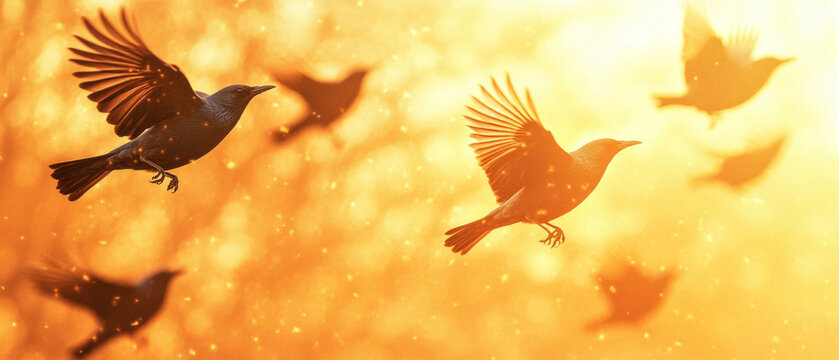 The vivid silhouettes of birds at sunset create an atmosphere of freedom and inspiration, suitable as a background for motivational posters or art projects about nature.