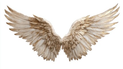 Obraz premium A pair of stunning angel wings featuring soft white feathers accented with gold highlights is displayed against a clean background. The wings capture intricate details that evoke elegance and grace.
