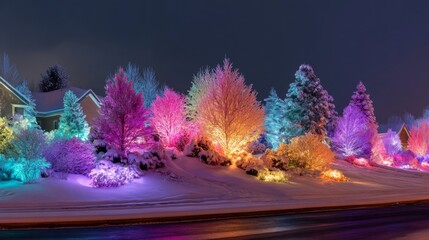 Vibrant Winter Scene with Colorful Lighted Trees in a Snowy Neighborhood Under Night Sky