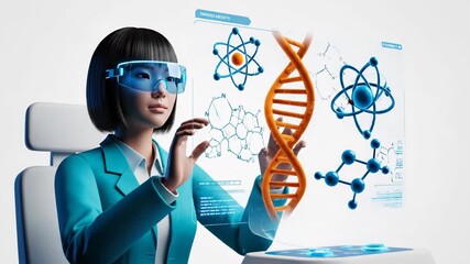 Scientist wearing futuristic glasses interacts with holographic display showing dna helix and atom structure isolated on white background - Powered by Adobe