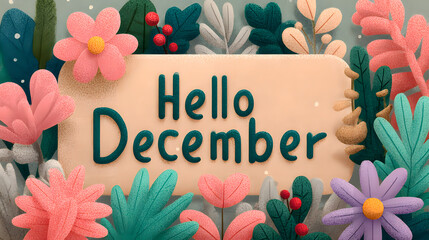 December month illustration background with pastel colors drawing with written Hello December to celebrate start of the month
